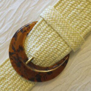 Ivory Stretch Woven Belt with Tortoise Shell Buckle sz L 37" long